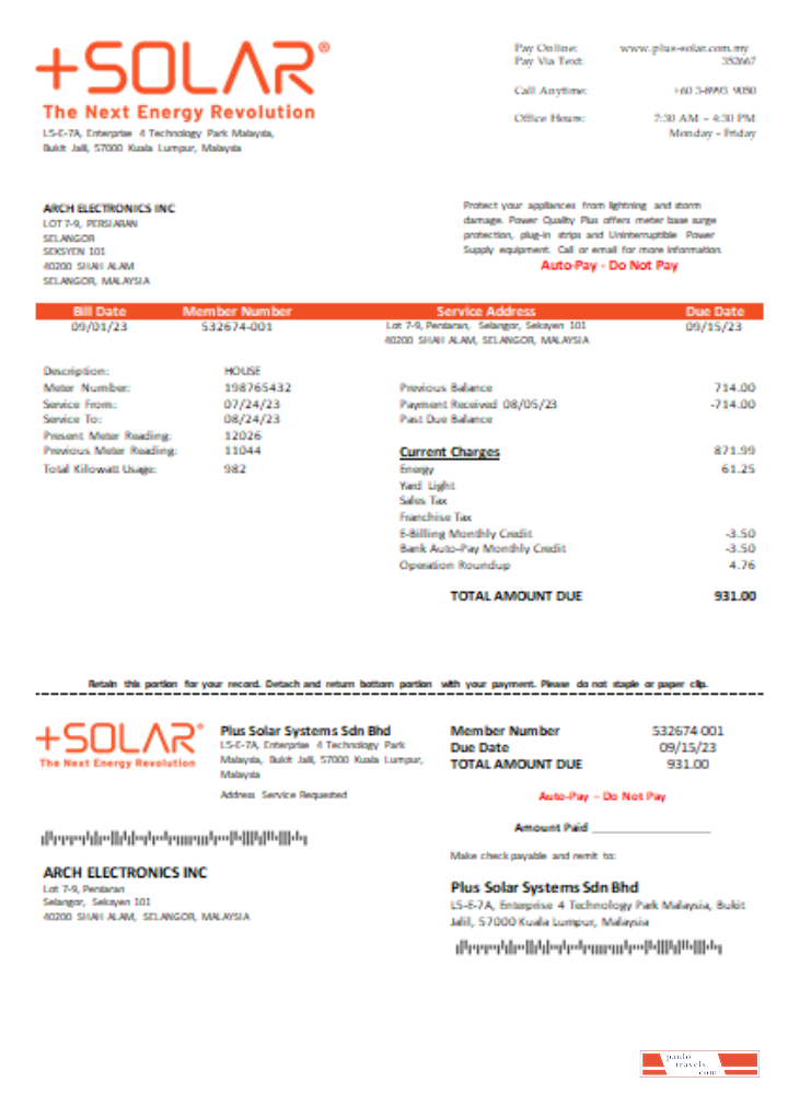 Plus Solar Systems Sdn Bhd utility business bill,  SCR PSD template